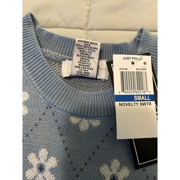 Just Polly Blue Knit Sweater Dress Small Floral Daisy Short Sleeve Retro Y2K Mod - Picture 6 of 12